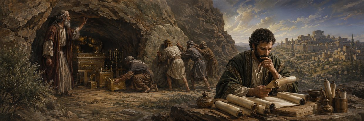 Jeremiah conceals sacred objects in a mountain cave while a later historian organizes several blank scrolls